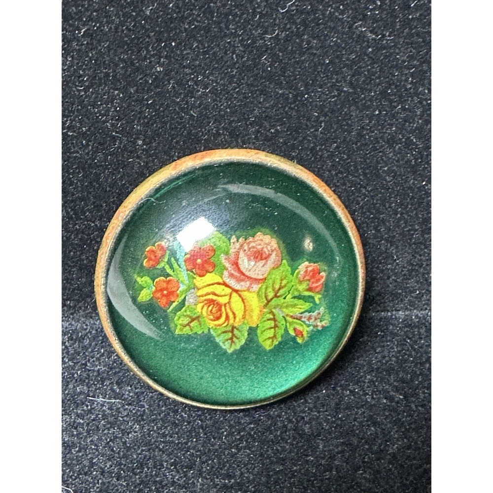 Vintage Hand Painted Floral Glass Brooch Green Domed Rose Pin MCM Antique